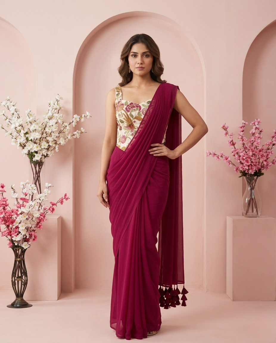 Wine Ready-to-Wear Saree with Floral Embroidered Corset Blouse | Pre-Stitched Designer Party Wear Saree