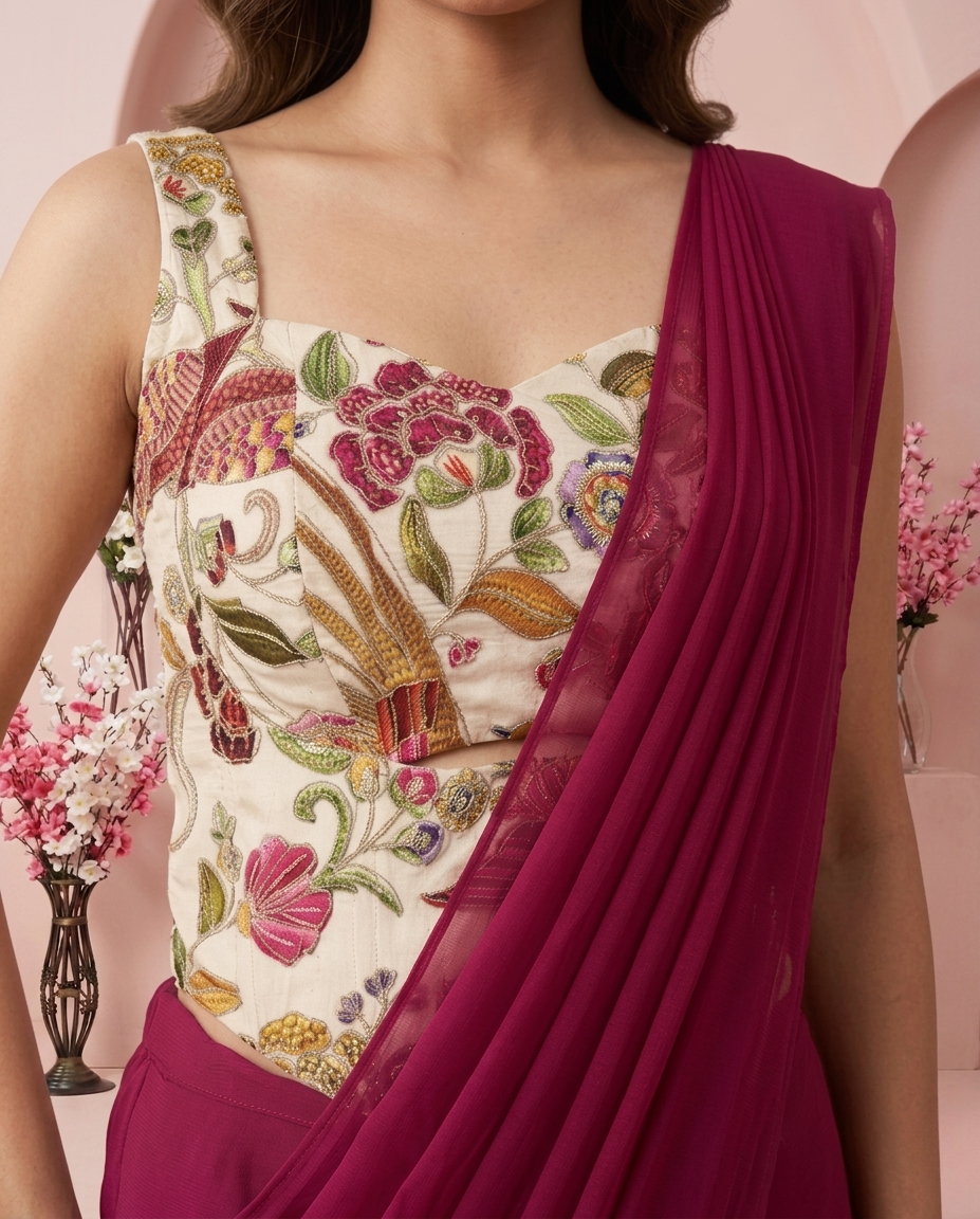 Wine Ready-to-Wear Saree with Floral Embroidered Corset Blouse | Pre-Stitched Designer Party Wear Saree