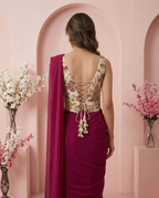 Wine Ready-to-Wear Saree with Floral Embroidered Corset Blouse | Pre-Stitched Designer Party Wear Saree