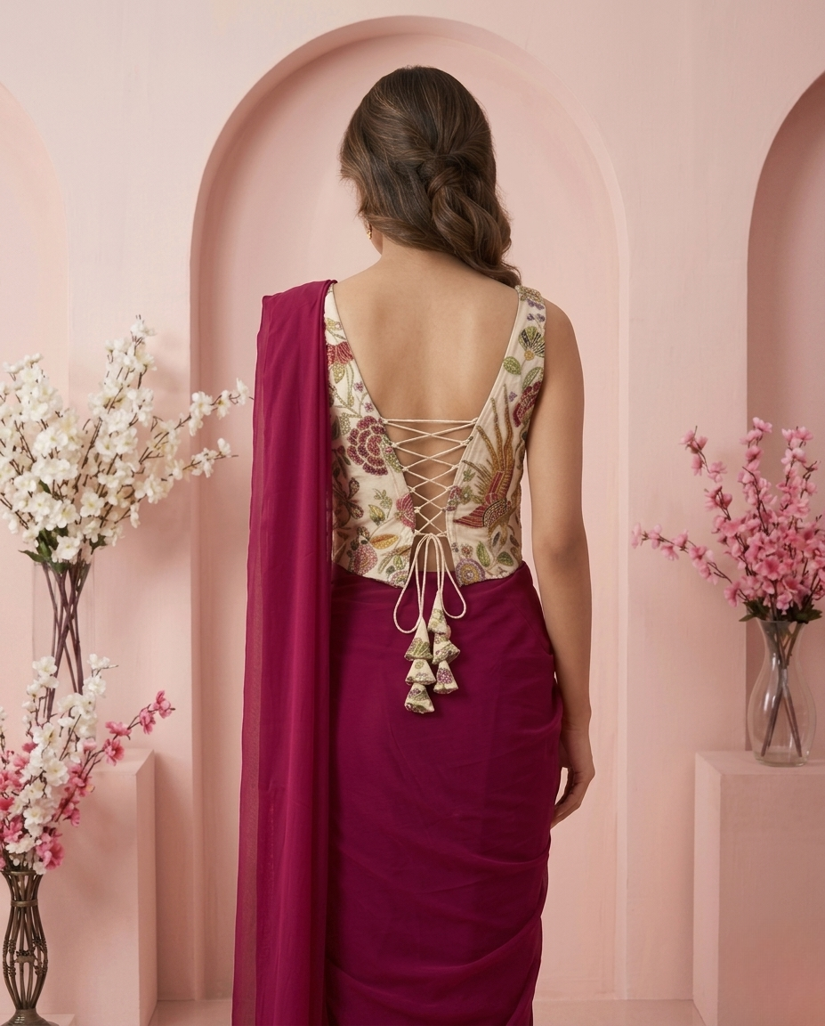 Wine Ready-to-Wear Saree with Floral Embroidered Corset Blouse | Pre-Stitched Designer Party Wear Saree