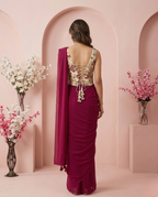 Wine Ready-to-Wear Saree with Floral Embroidered Corset Blouse | Pre-Stitched Designer Party Wear Saree