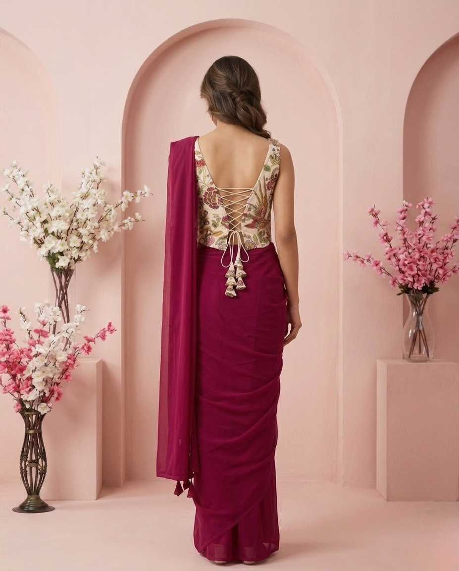 Wine Ready-to-Wear Saree with Floral Embroidered Corset Blouse | Pre-Stitched Designer Party Wear Saree