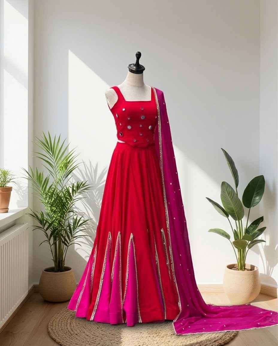 Red & Pink Navratri Lehenga Choli Set with Embellished Dupatta | Festive Garba & Dandiya Outfit