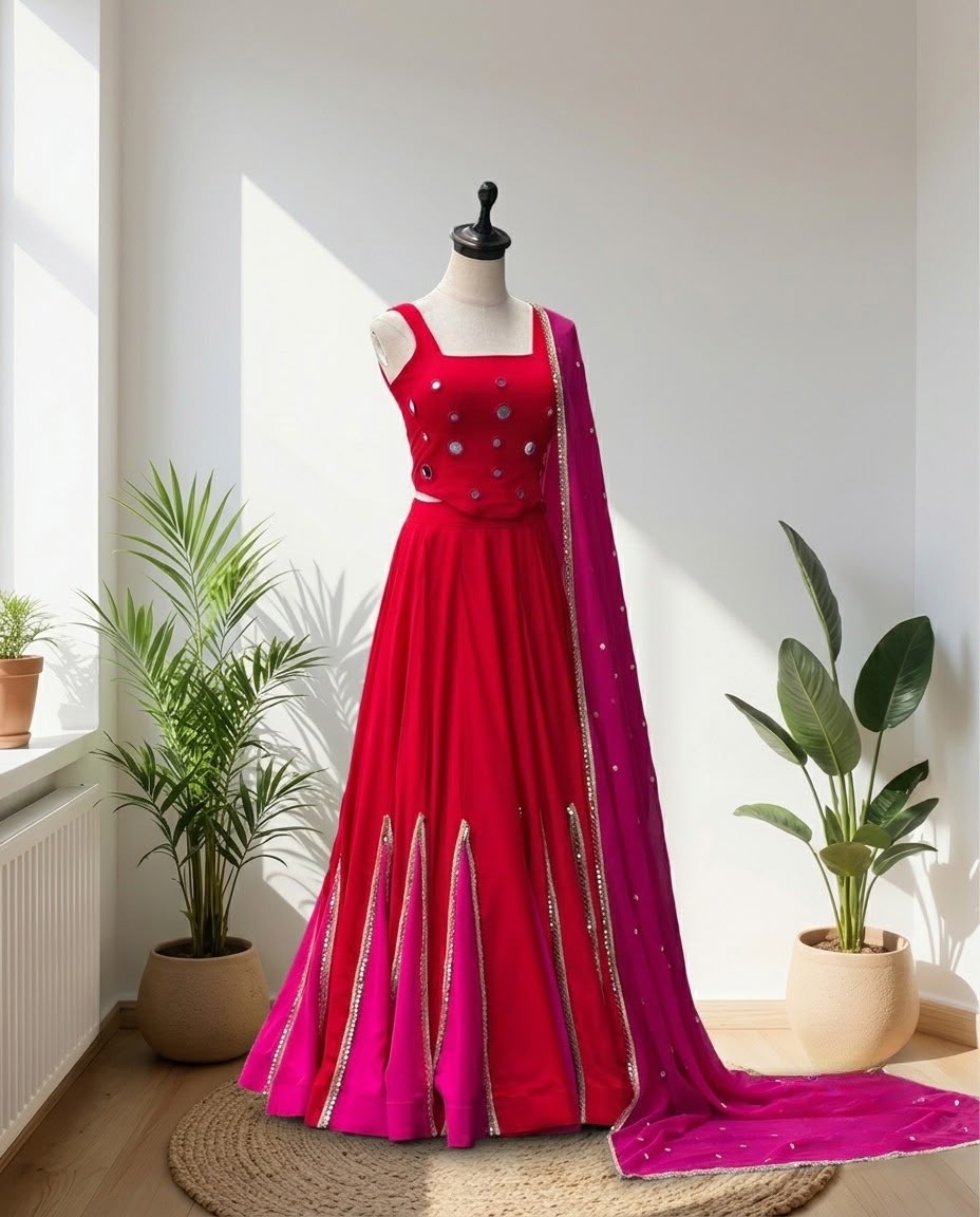 Red & Pink Navratri Lehenga Choli Set with Embellished Dupatta | Festive Garba & Dandiya Outfit