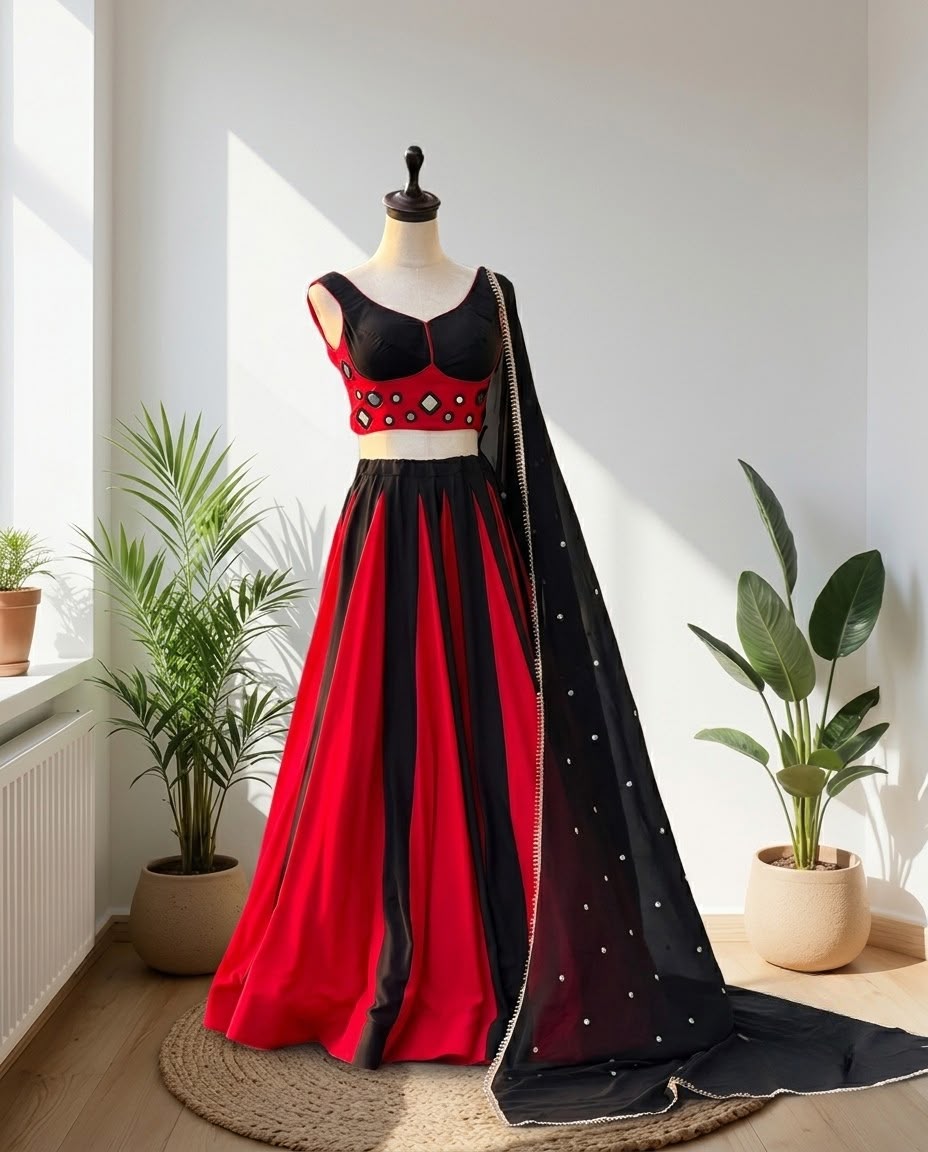Red & Black Navratri Lehenga Choli Set with Embellished Dupatta | Festive Garba & Dandiya Outfit