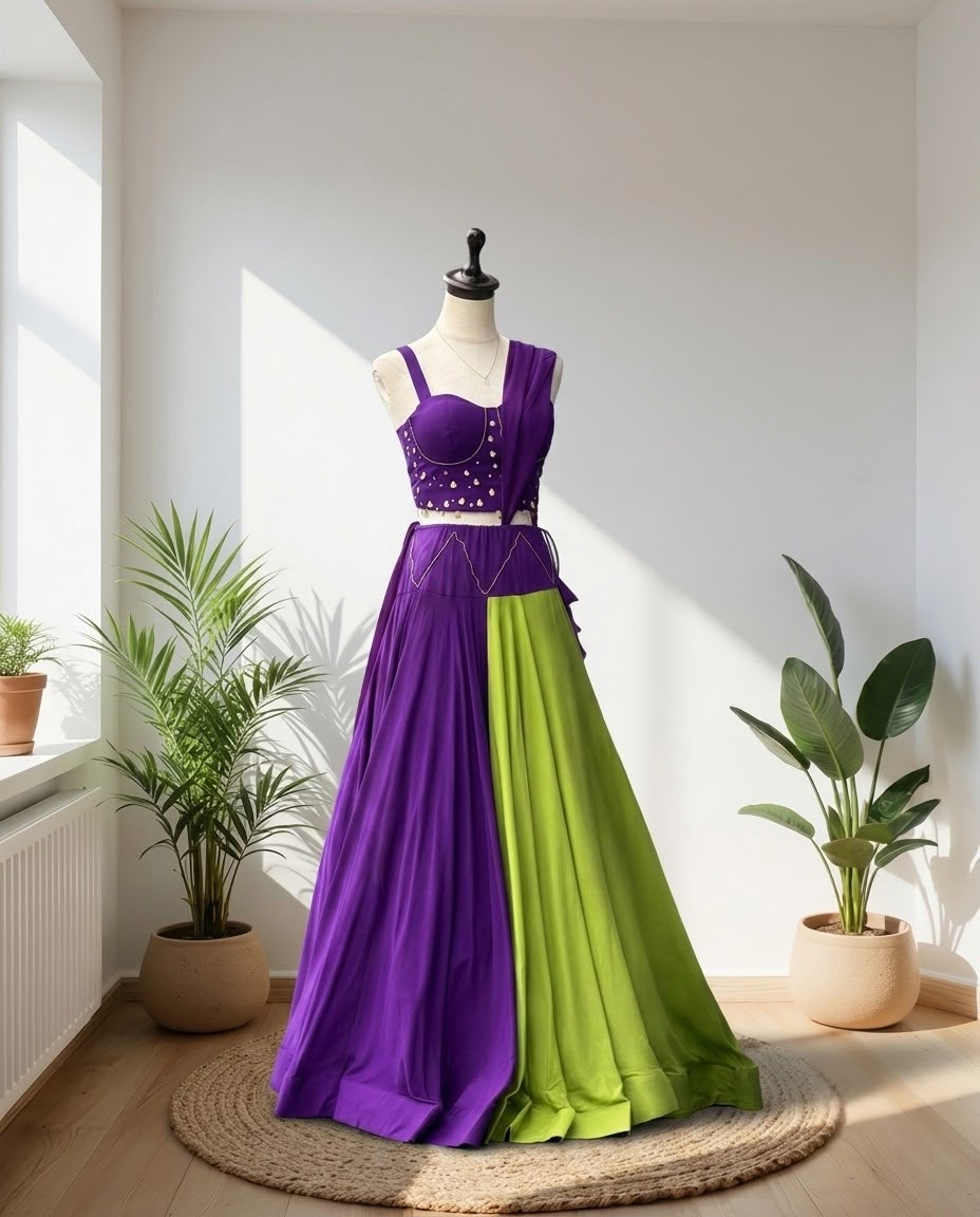 Purple & Lime Green Navratri Lehenga Choli Set | Coin Embellished Festive Garba Outfit