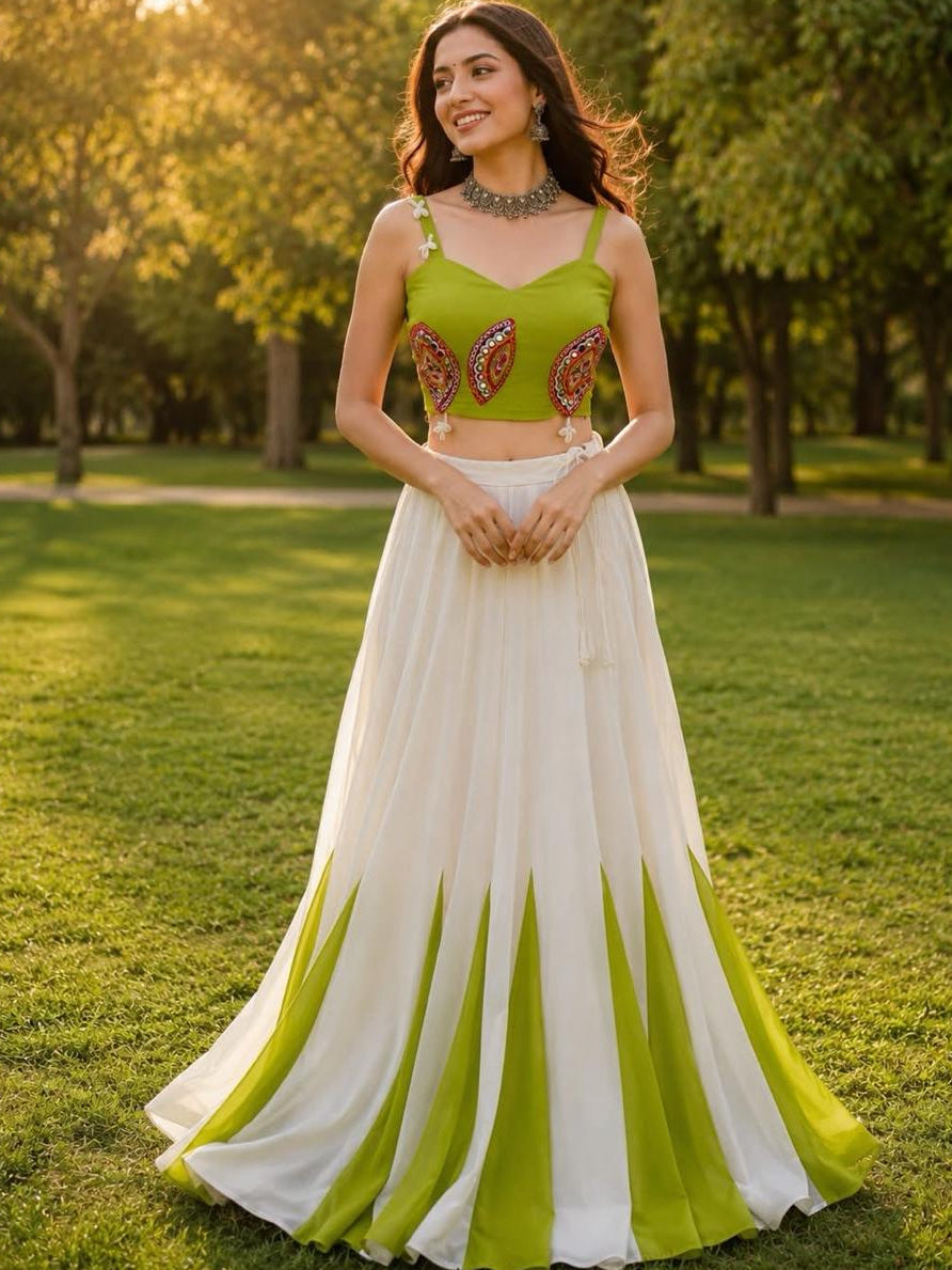 Lime Green & White Navratri Lehenga Choli Set | Mirror Work Festive Garba Outfit
