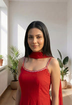Elegant Red Kurti Palazzo Set with Embellished Neckline & Dupatta