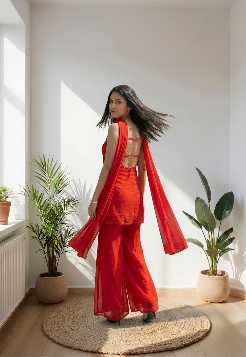 Elegant Red Kurti Palazzo Set with Embellished Neckline & Dupatta
