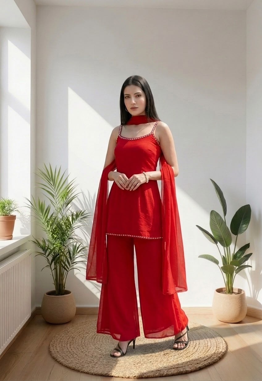Elegant Red Kurti Palazzo Set with Embellished Neckline & Dupatta
