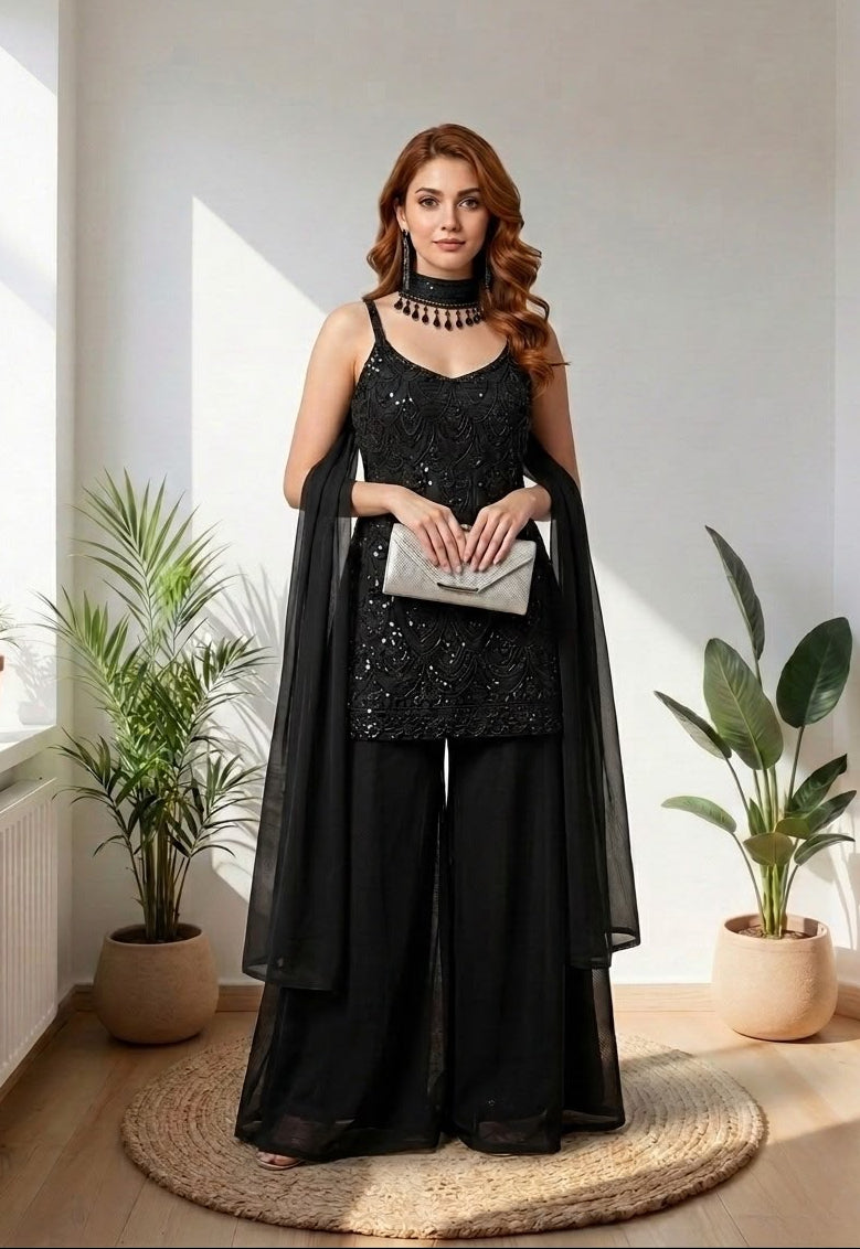 Elegant Black Embroidered Palazzo Suit with Sheer Dupatta