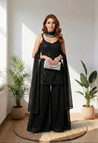 Elegant Black Embroidered Palazzo Suit with Sheer Dupatta