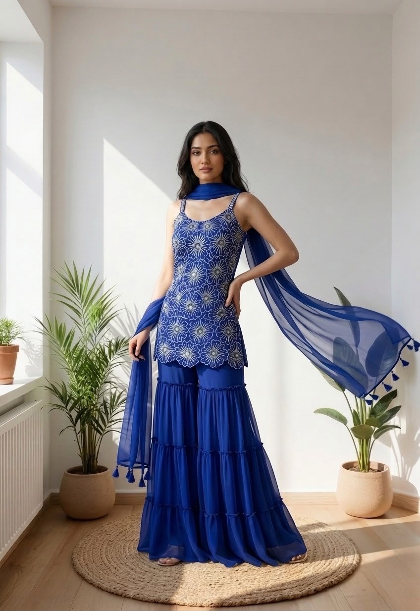 Royal Blue Floral Embroidered Sharara Suit with Sheer Dupatta