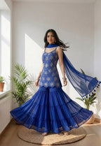 Royal Blue Floral Embroidered Sharara Suit with Sheer Dupatta