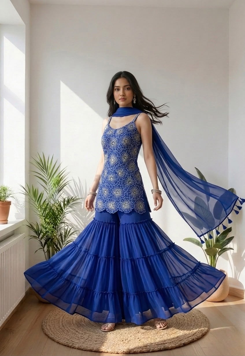 Royal Blue Floral Embroidered Sharara Suit with Sheer Dupatta