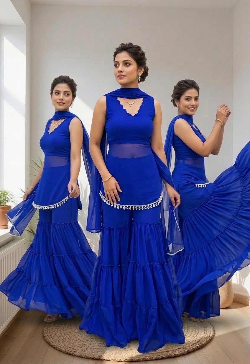 Royal Blue Designer Sharara Suit with Sheer Dupatta