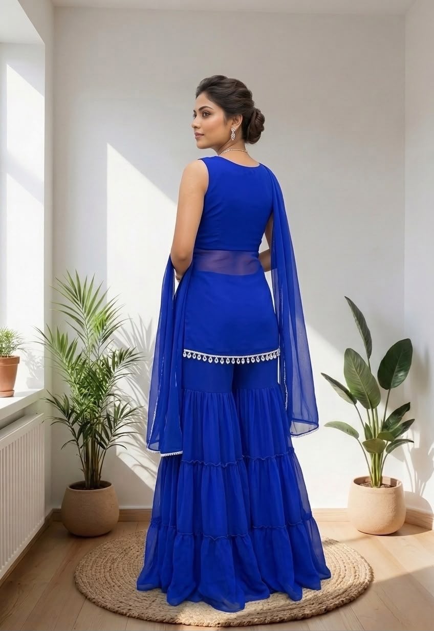 Royal Blue Designer Sharara Suit with Sheer Dupatta