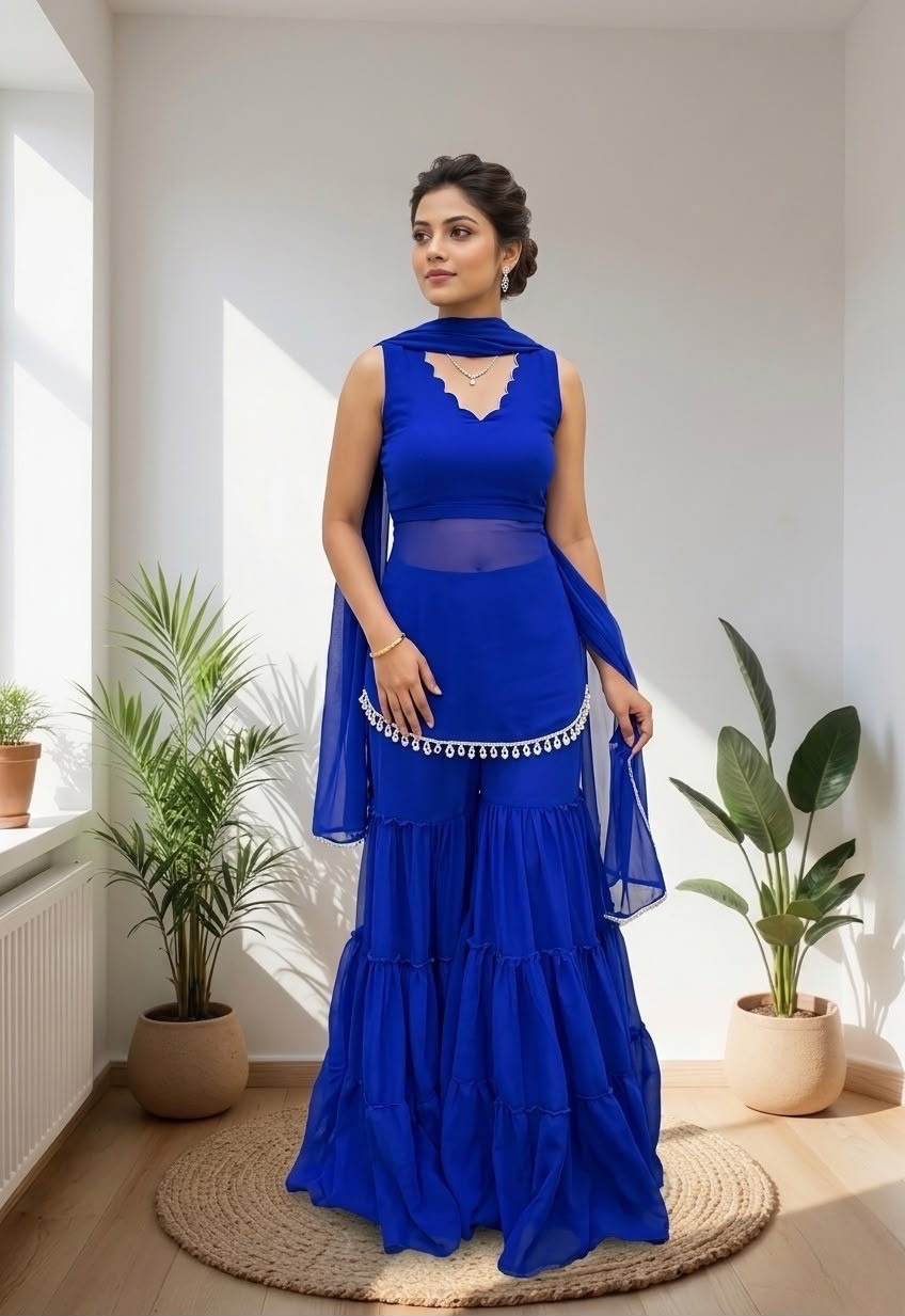 Royal Blue Designer Sharara Suit with Sheer Dupatta