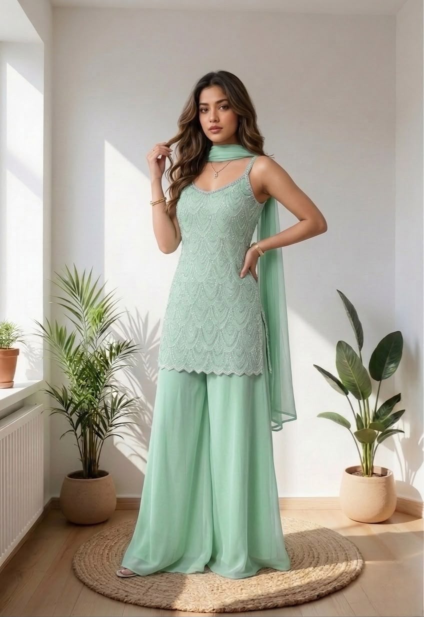 Elegant Mint Green Embroidered Palazzo Suit with Dupatta