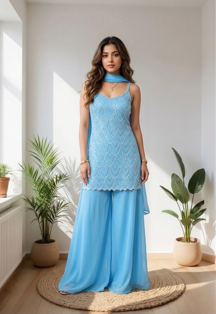 Elegant Ice Blue Embroidered Palazzo Suit with Dupatta