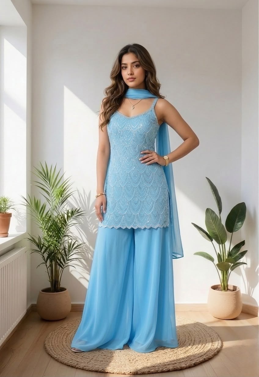 Elegant Ice Blue Embroidered Palazzo Suit with Dupatta