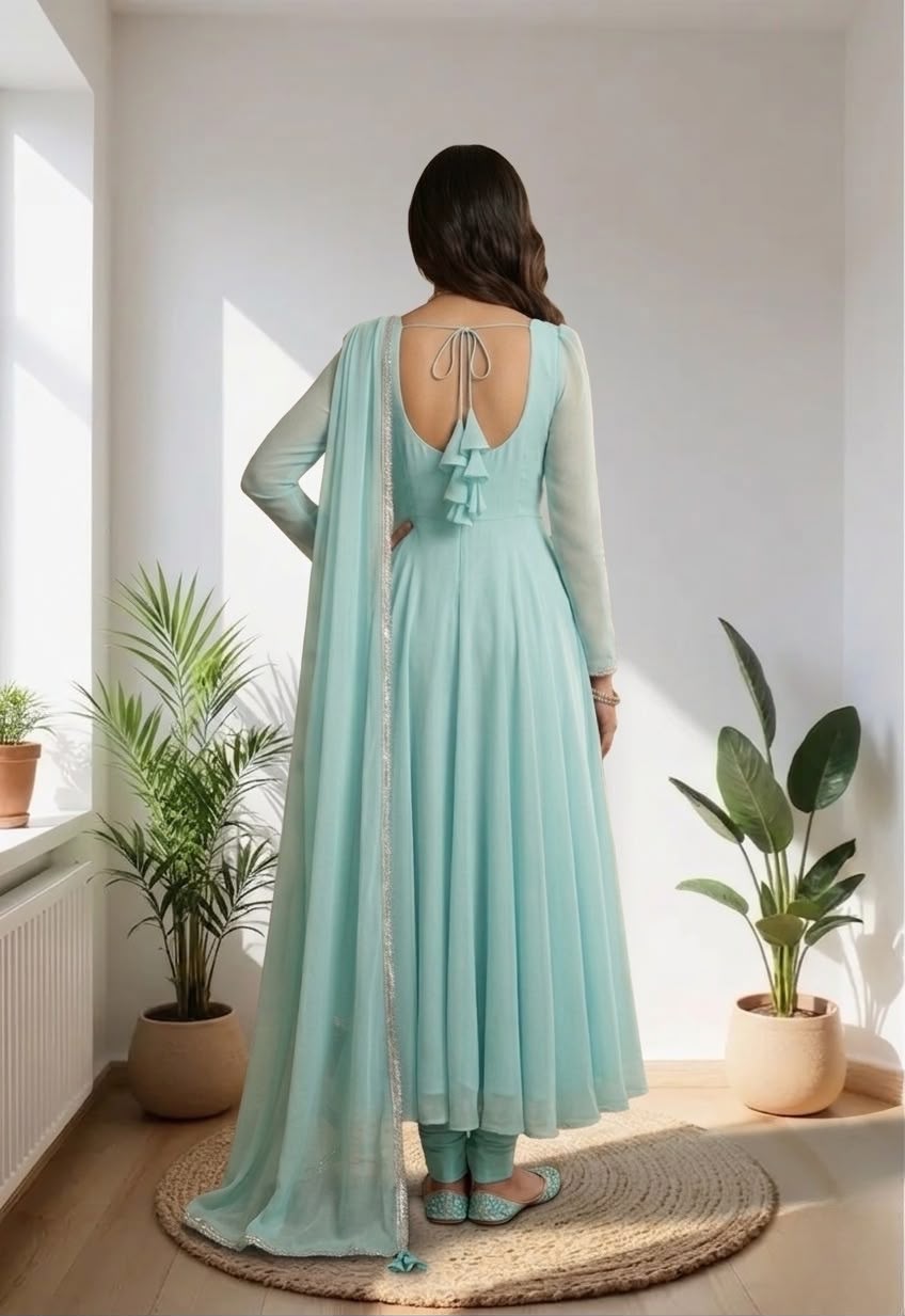 Elegant Pastel Aqua Anarkali Suit with Sheer Dupatta