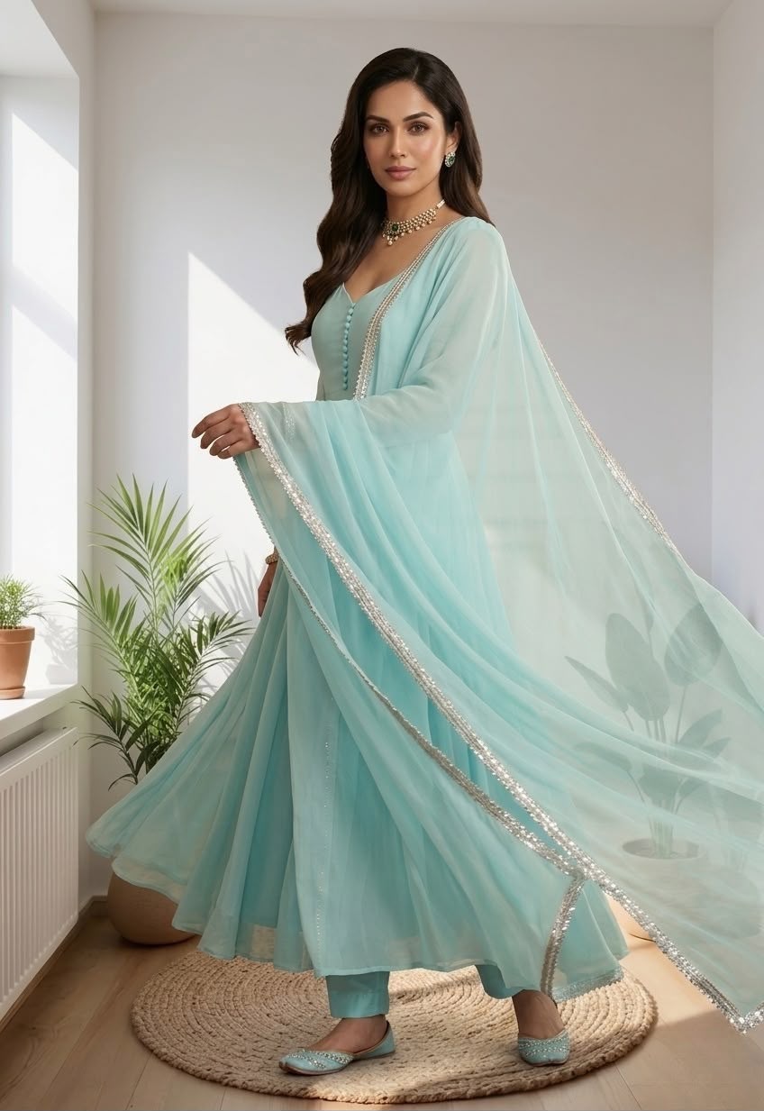 Elegant Pastel Aqua Anarkali Suit with Sheer Dupatta