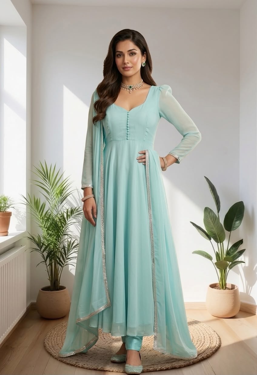 Elegant Pastel Aqua Anarkali Suit with Sheer Dupatta