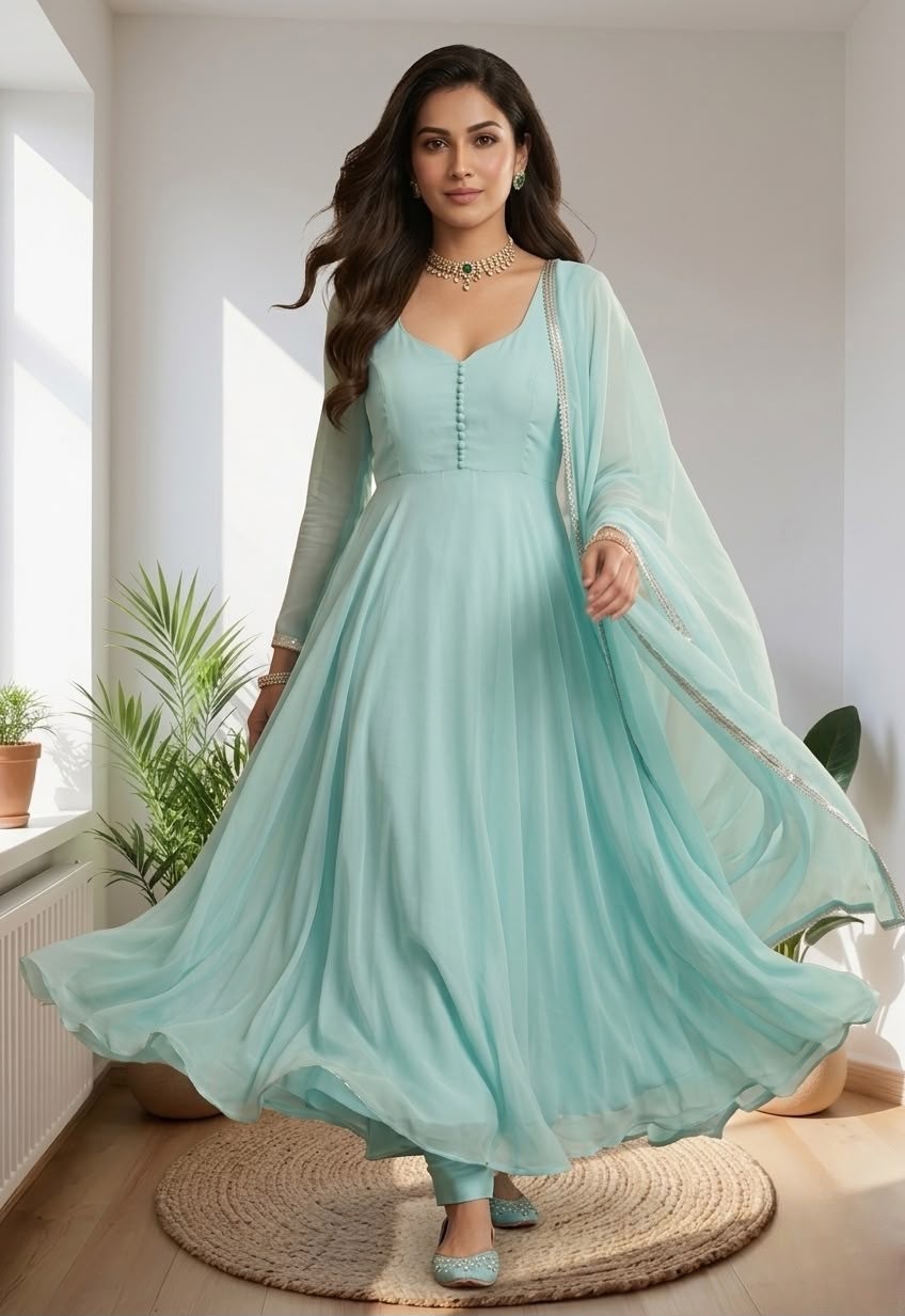 Elegant Pastel Aqua Anarkali Suit with Sheer Dupatta