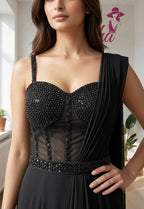 : Black Ready-to-Wear Saree with Embellished Corset Blouse