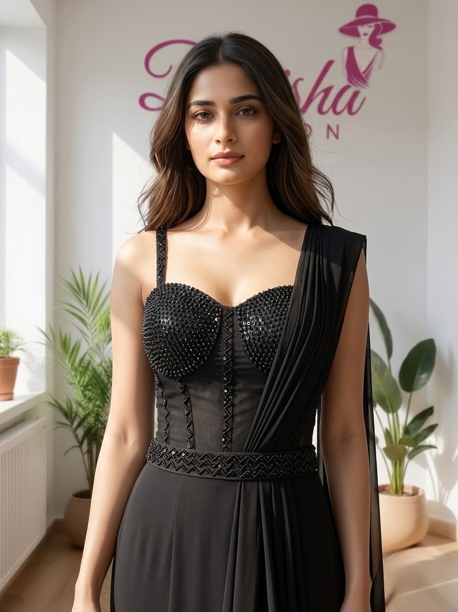 : Black Ready-to-Wear Saree with Embellished Corset Blouse