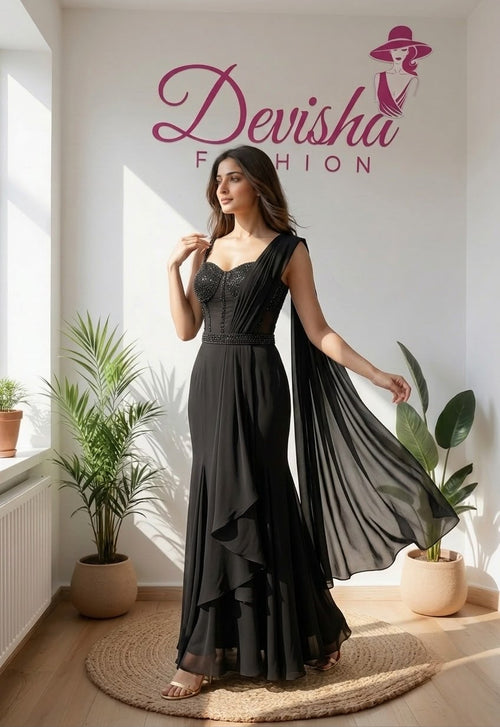 : Black Ready-to-Wear Saree with Embellished Corset Blouse