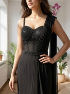 : Black Ready-to-Wear Saree with Embellished Corset Blouse