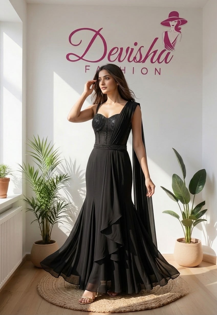 : Black Ready-to-Wear Saree with Embellished Corset Blouse