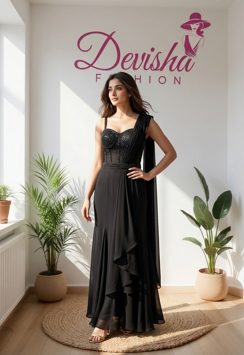 : Black Ready-to-Wear Saree with Embellished Corset Blouse