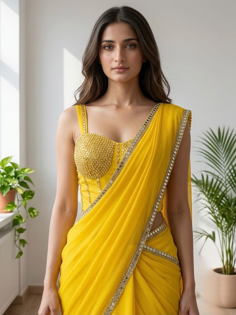 Sunshine Yellow Ready-to-Wear Saree with Embellished Blouse