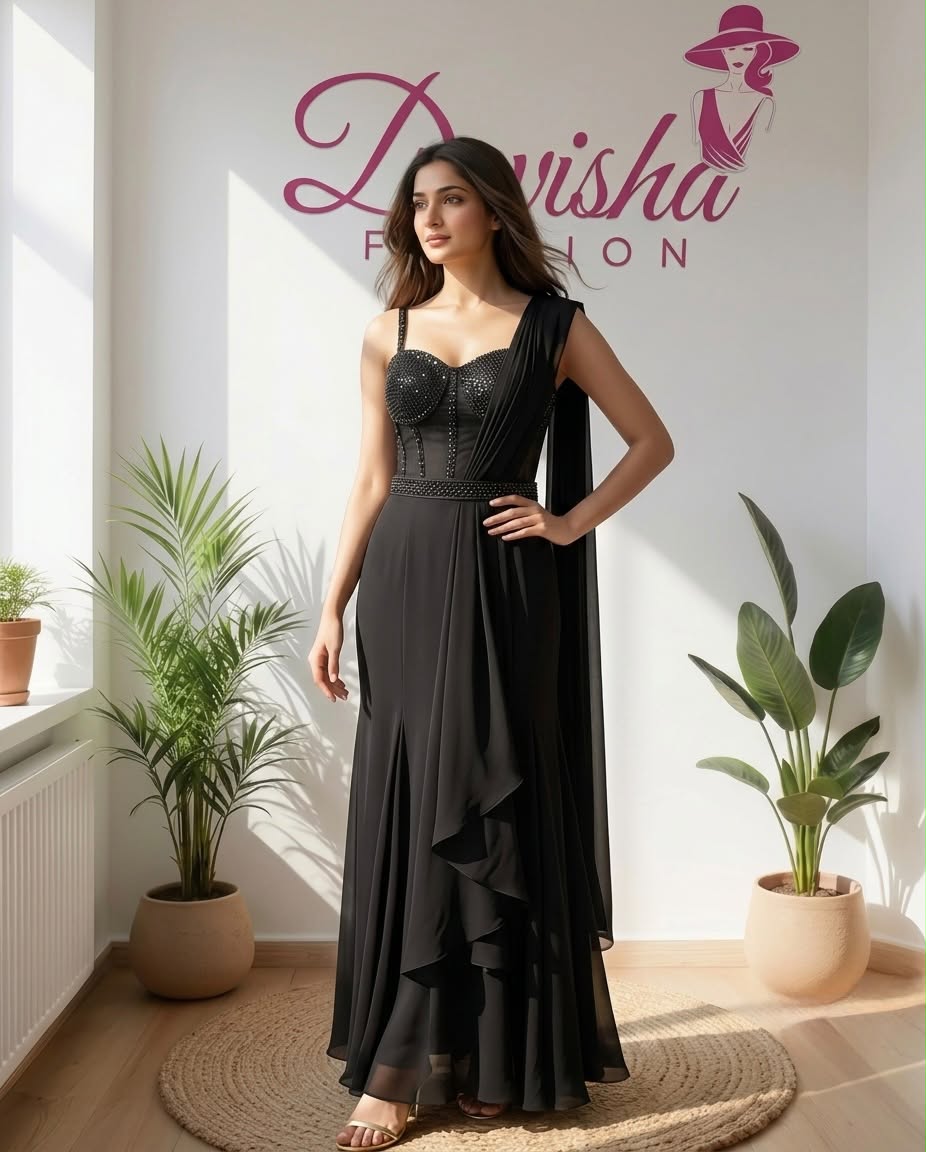 Black Ready-to-Wear Saree with Embellished Corset Blouse