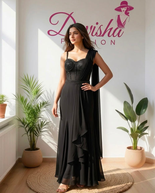 Black Ready-to-Wear Saree with Embellished Corset Blouse