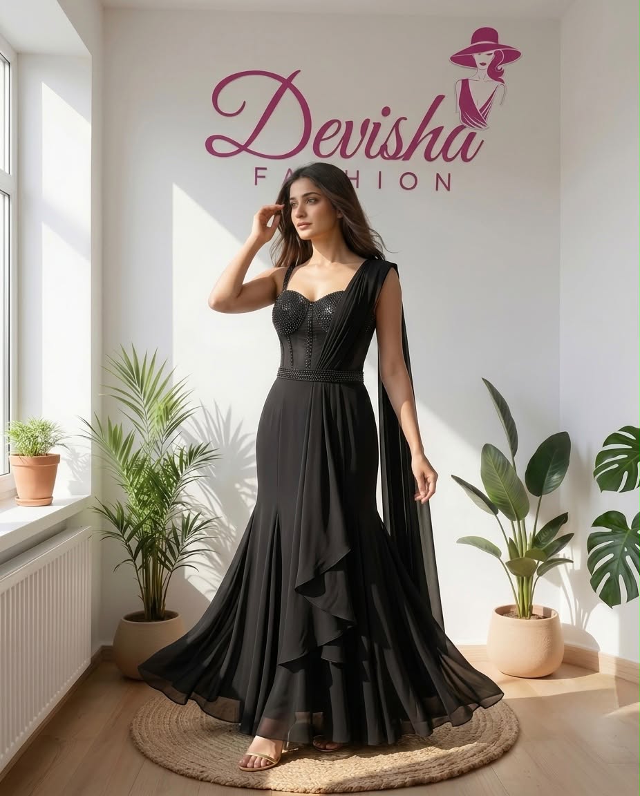 Black Ready-to-Wear Saree with Embellished Corset Blouse