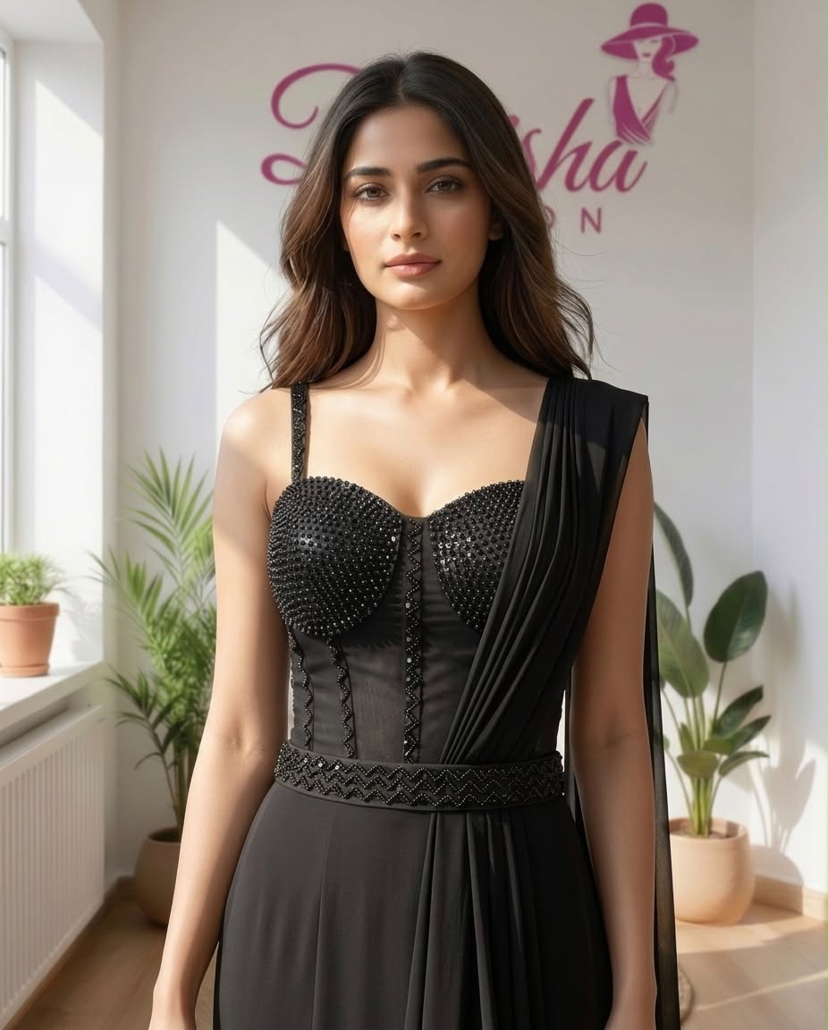 Black Ready-to-Wear Saree with Embellished Corset Blouse