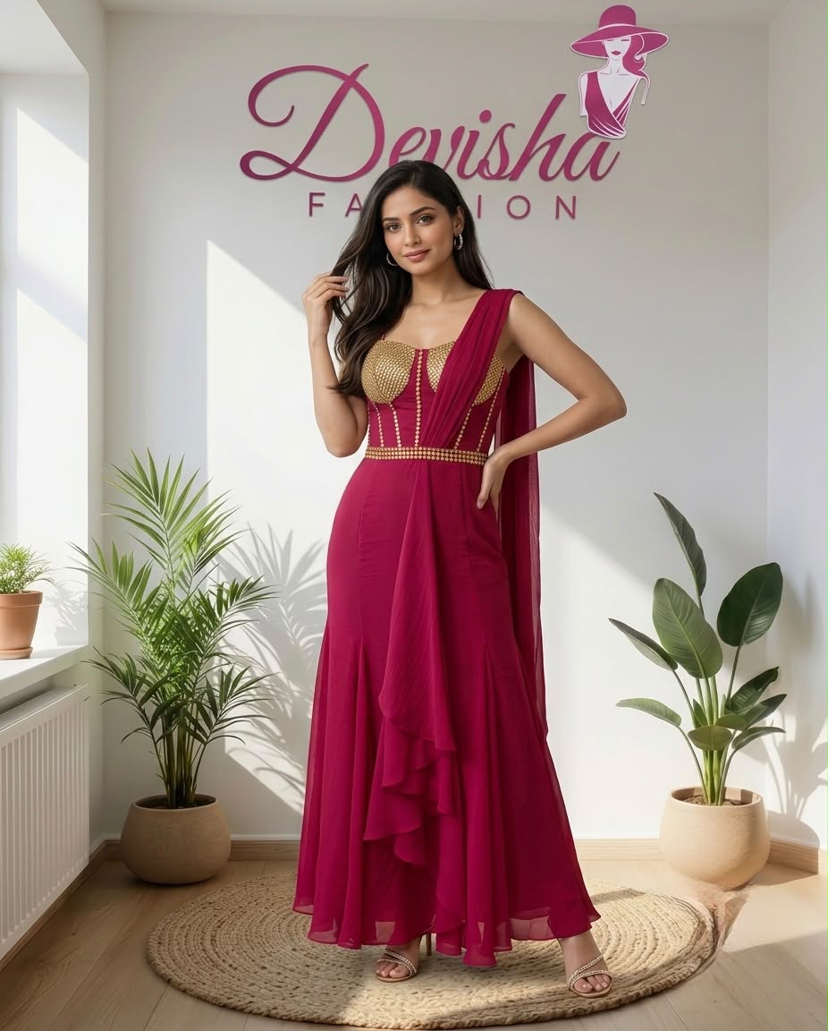 Magenta Ready-to-Wear Saree with Golden Embellished Blouse