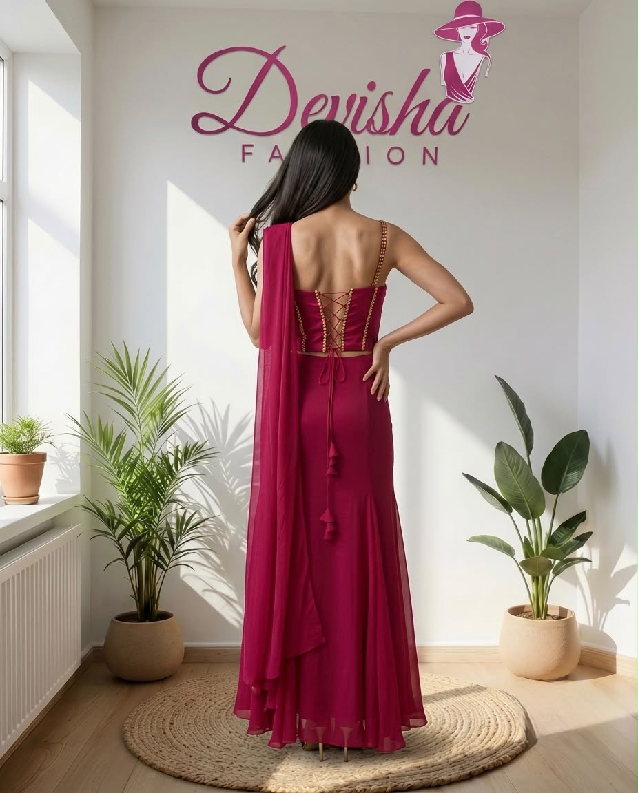 Magenta Ready-to-Wear Saree with Golden Embellished Blouse