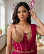 Magenta Ready-to-Wear Saree with Golden Embellished Blouse