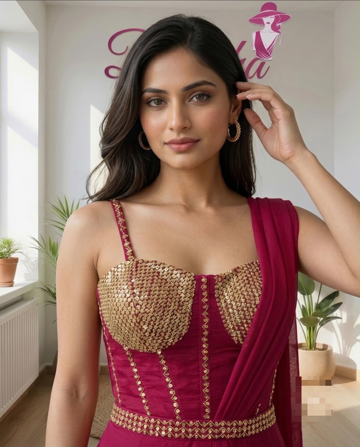 Magenta Ready-to-Wear Saree with Golden Embellished Blouse