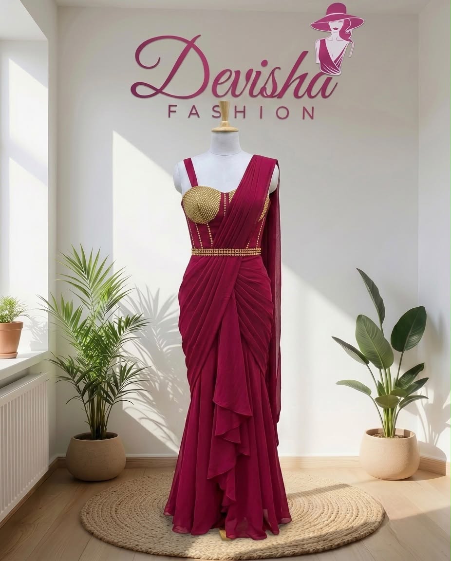 Magenta Ready-to-Wear Saree with Golden Embellished Blouse