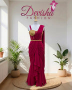 Magenta Ready-to-Wear Saree with Golden Embellished Blouse