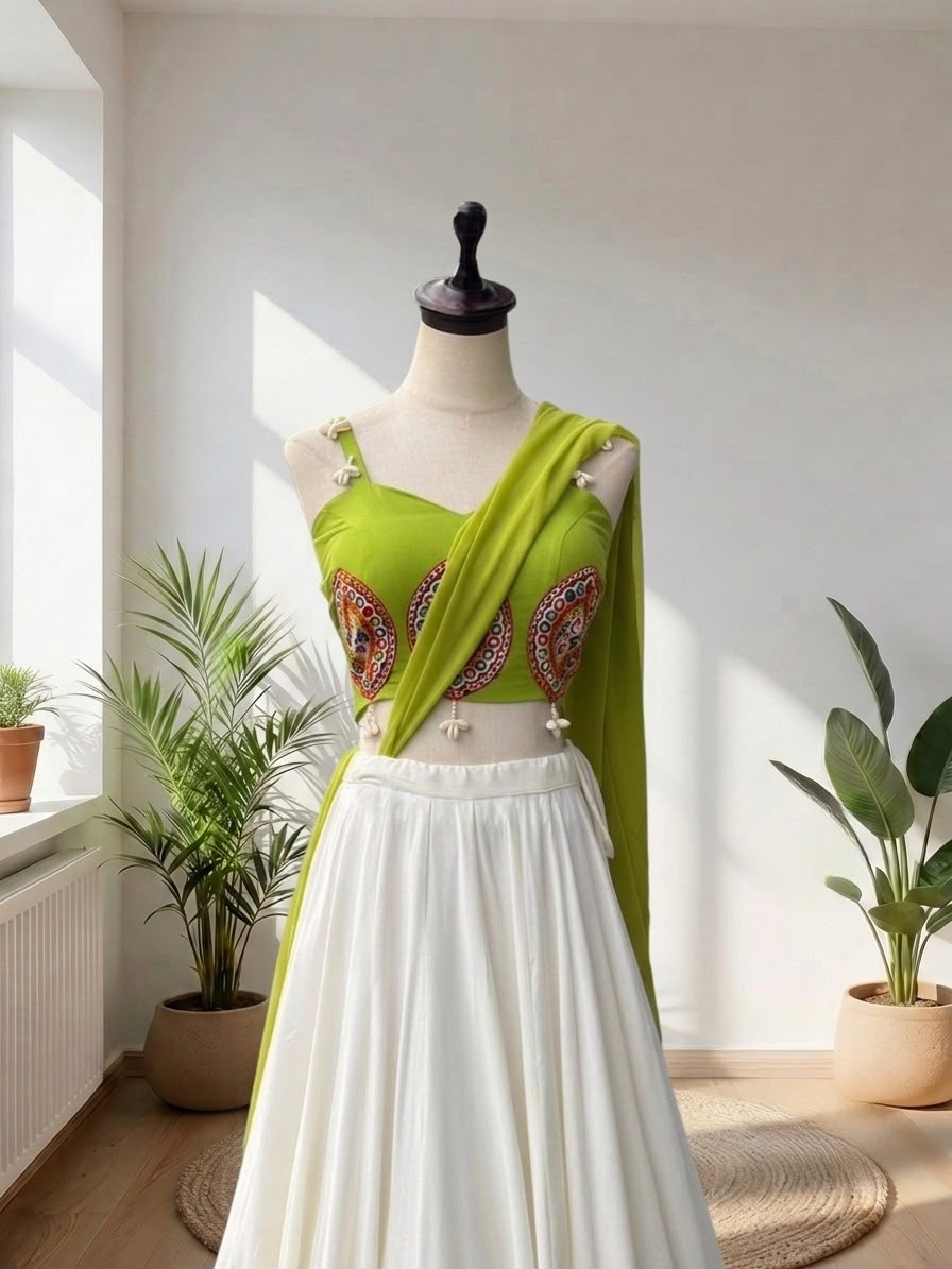 Lime Green & White Navratri Lehenga Choli Set | Mirror Work Festive Garba Outfit
