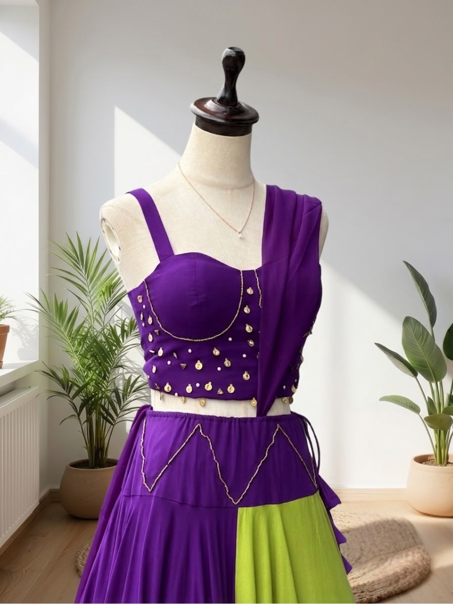 Purple & Lime Green Navratri Lehenga Choli Set | Coin Embellished Festive Garba Outfit