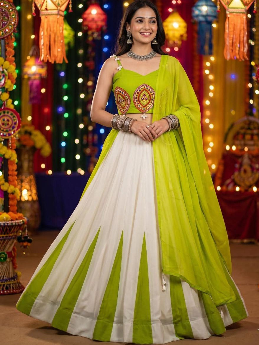Lime Green & White Navratri Lehenga Choli Set | Mirror Work Festive Garba Outfit