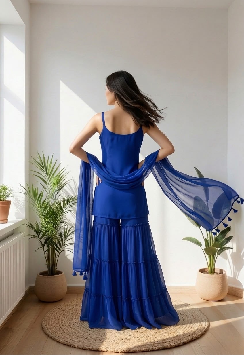 Royal Blue Floral Embroidered Sharara Suit with Sheer Dupatta